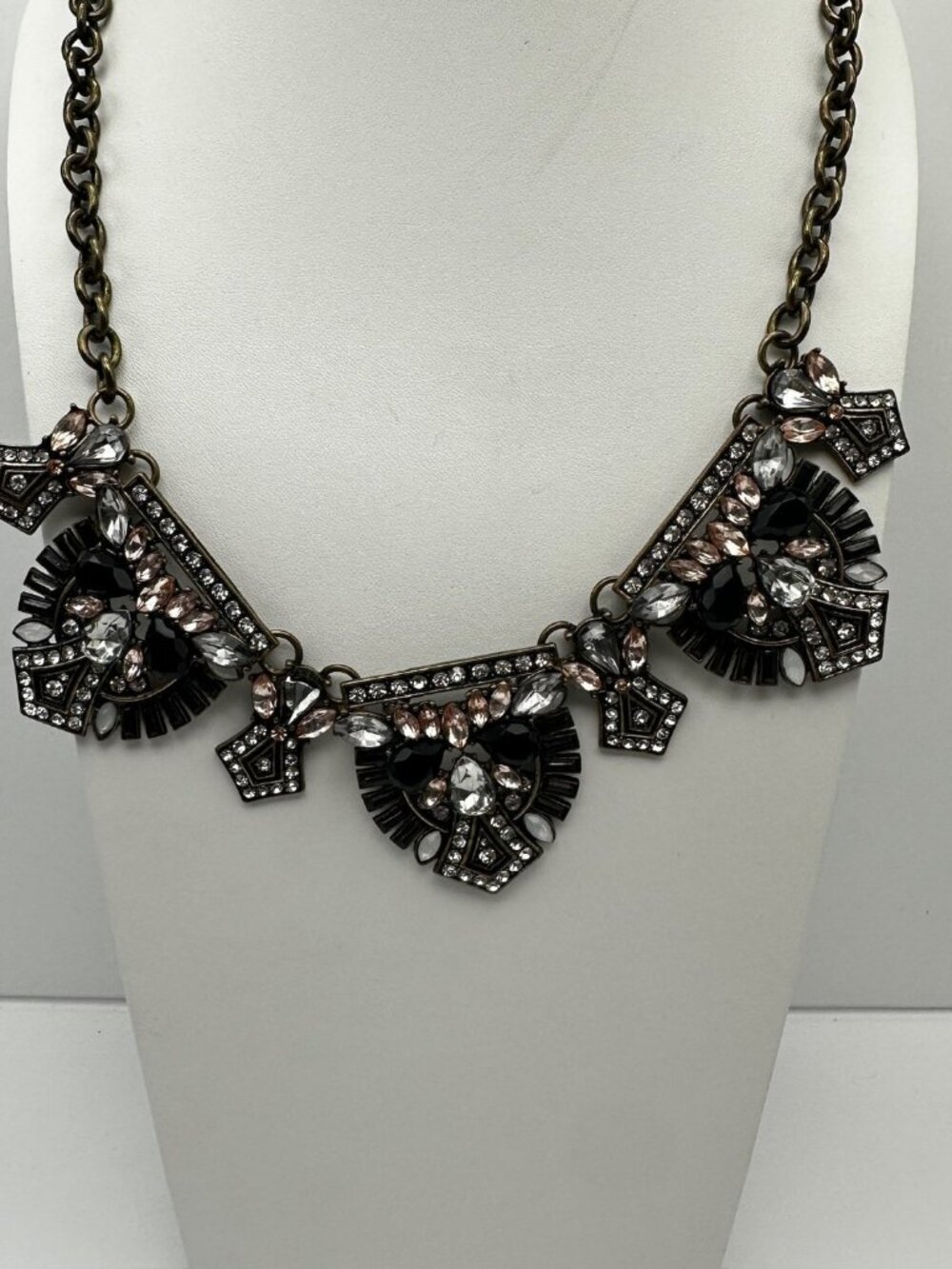 Vintage Y2K Chunky Necklace Bronze Tone Rhinestone Black Crystal Women's Jewelry